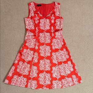 Nine West Size 8 Red White Cotton Dress Lined Bodice Summer Above Knee No Sleeve